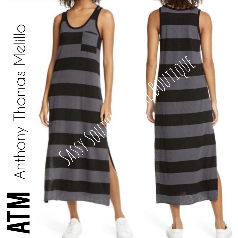🆕⭐ATM Anthony Thomas Melillo black grey striped midi T-shirt dress